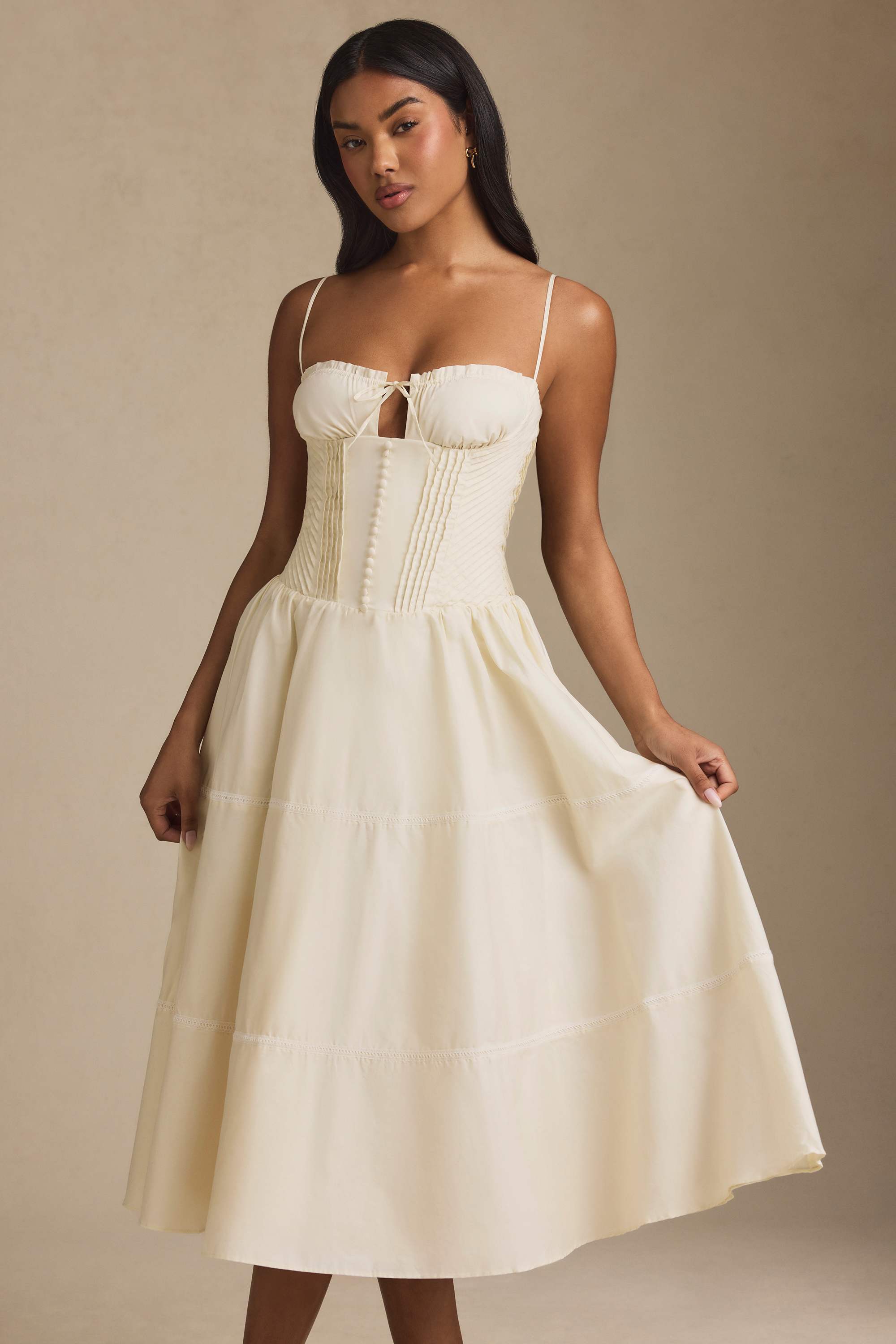 Esmeralda-Lace-Trim Pintucked Poplin Midaxi Dress in Ivory