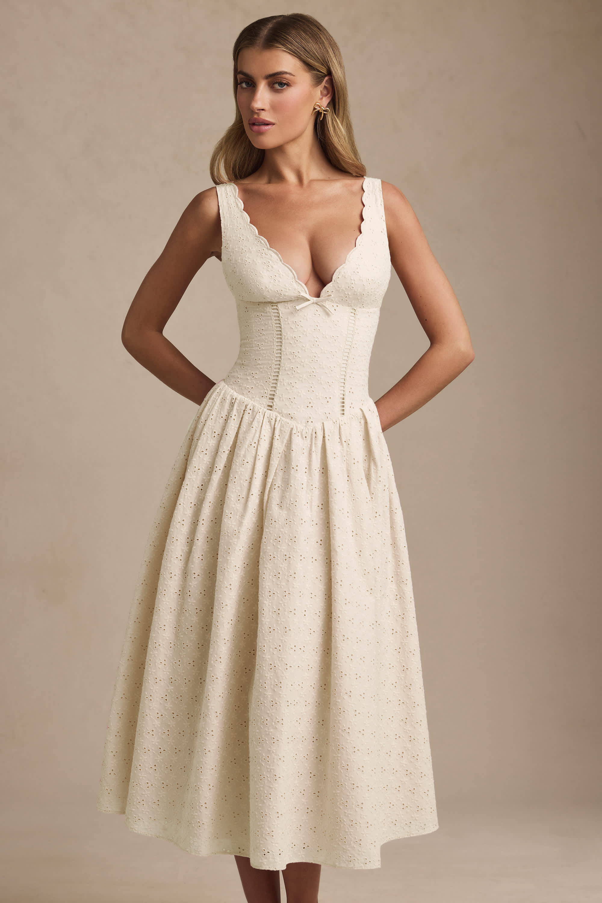Saidey-Broderie Anglaise Bow-Detail A-Line Midaxi Dress in Ivory