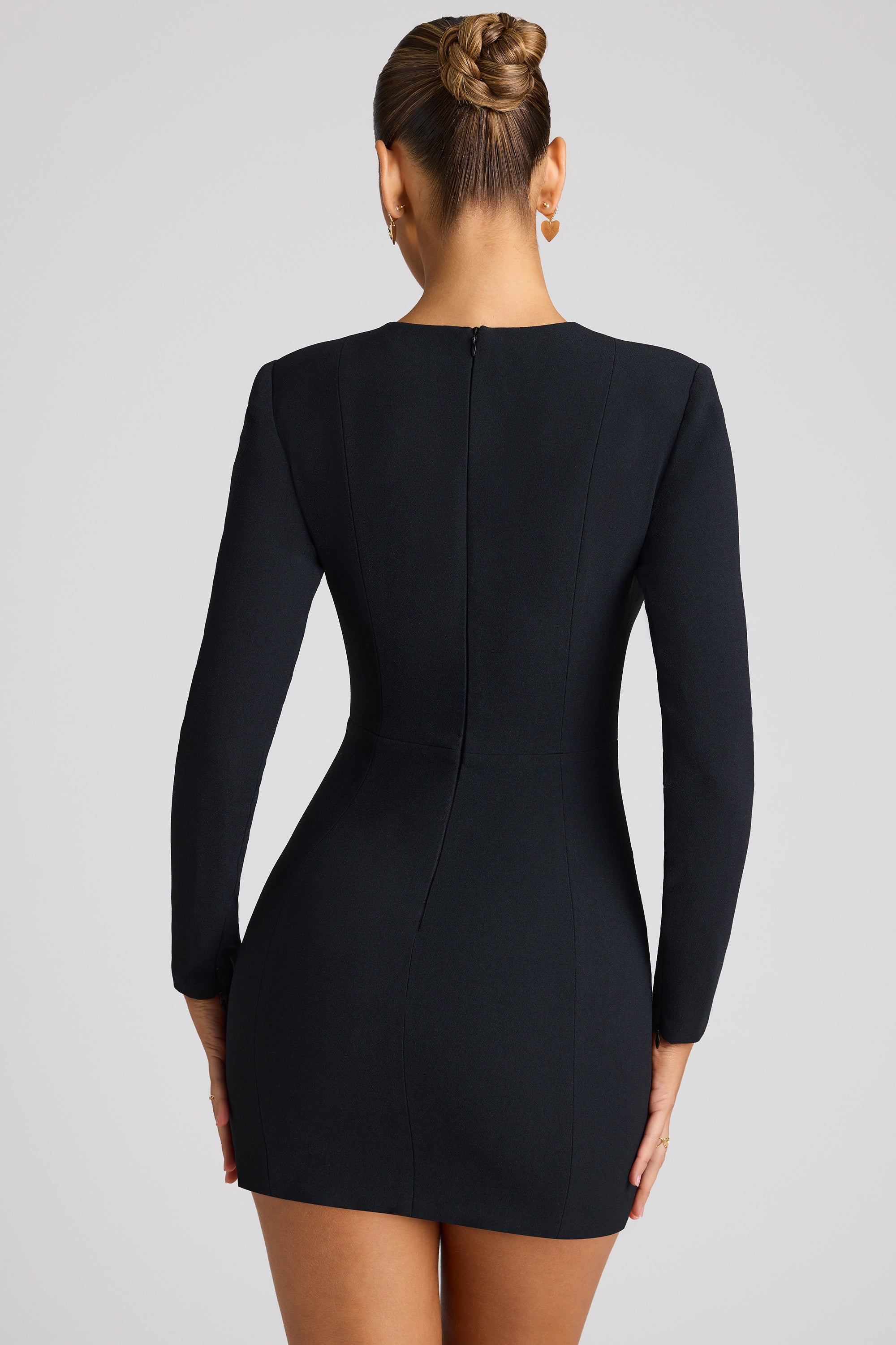 Luciana-Heart Cut Out Long Sleeve Mini Dress in Black