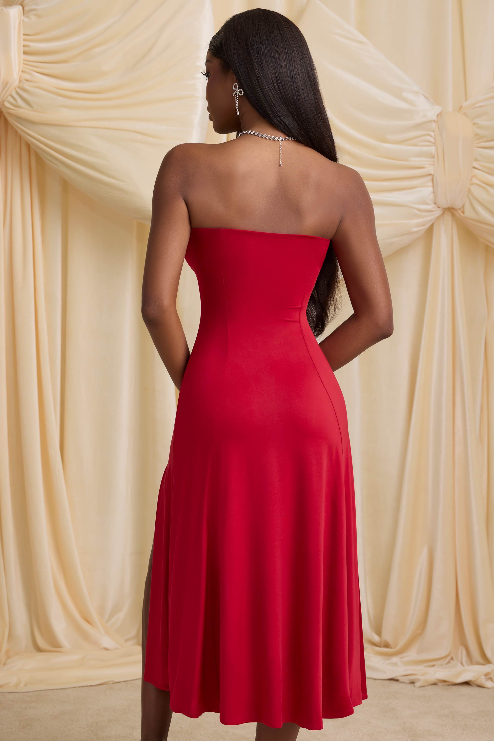 Joely-Slinky Jersey Strapless A-Line Midaxi Dress in True Red