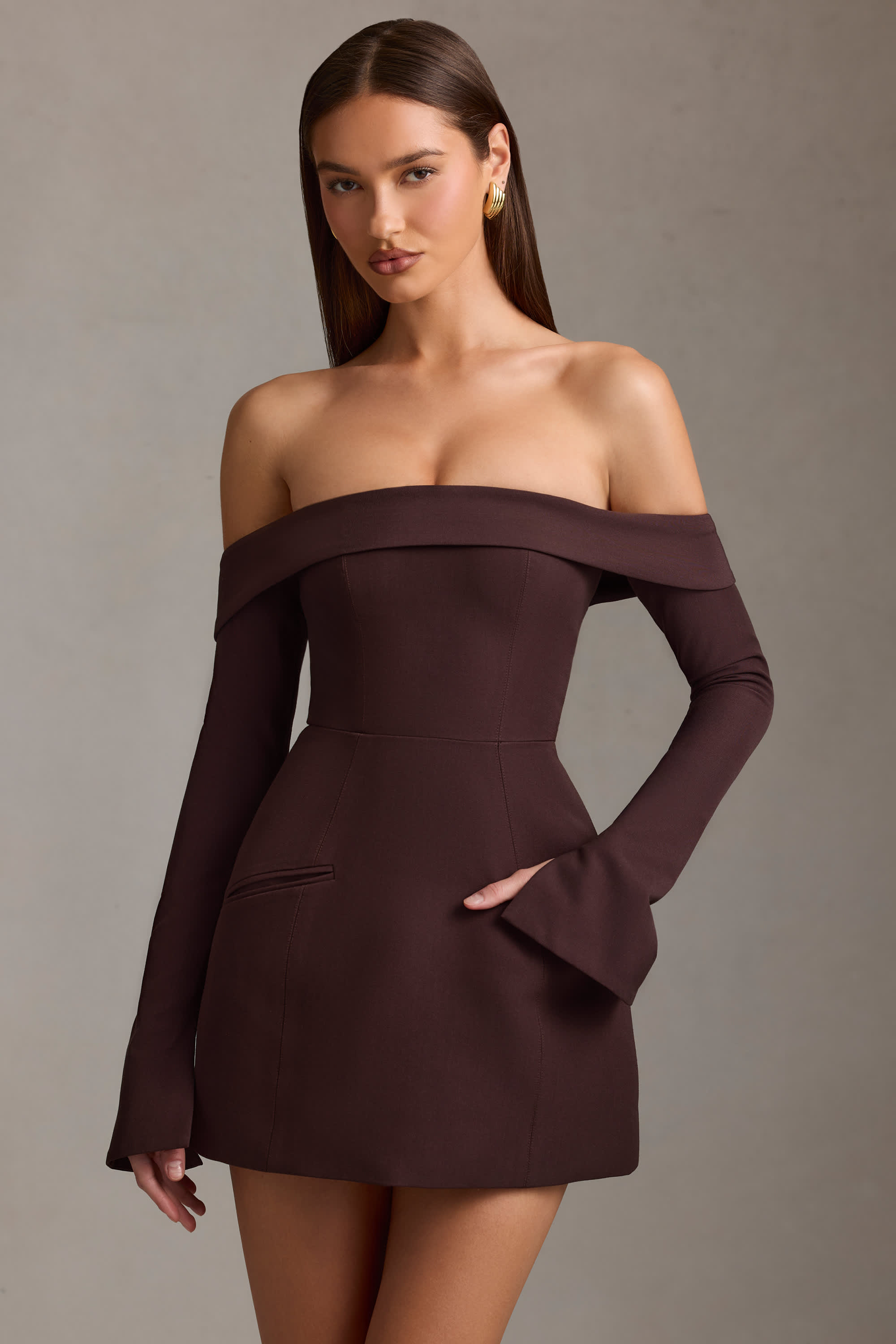 Seraphina-Off-Shoulder Structured A-Line Mini Dress in Chocolate Brown