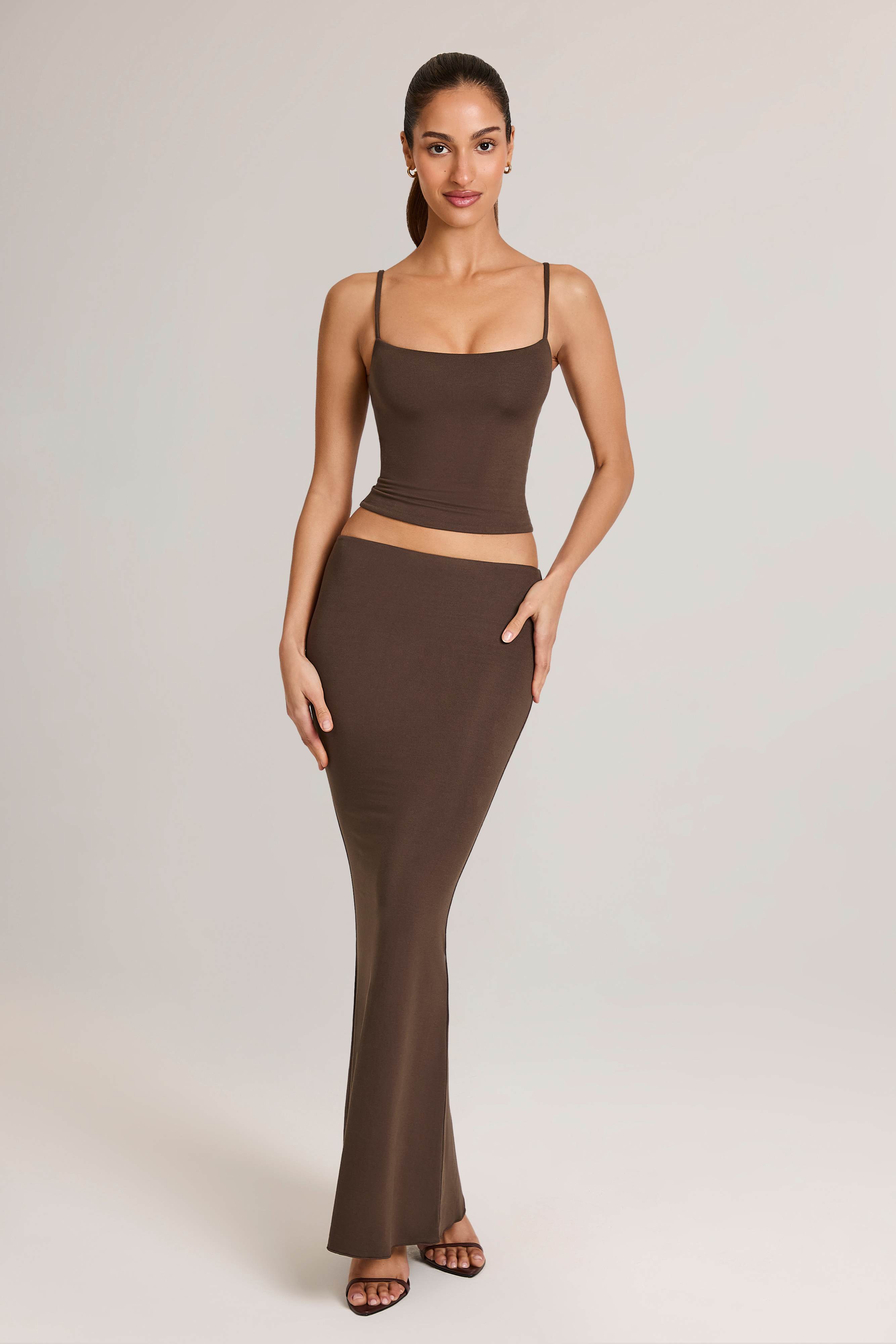 Avenley-Modal Mid-Rise Fishtail Maxi Skirt in Chocolate Brown