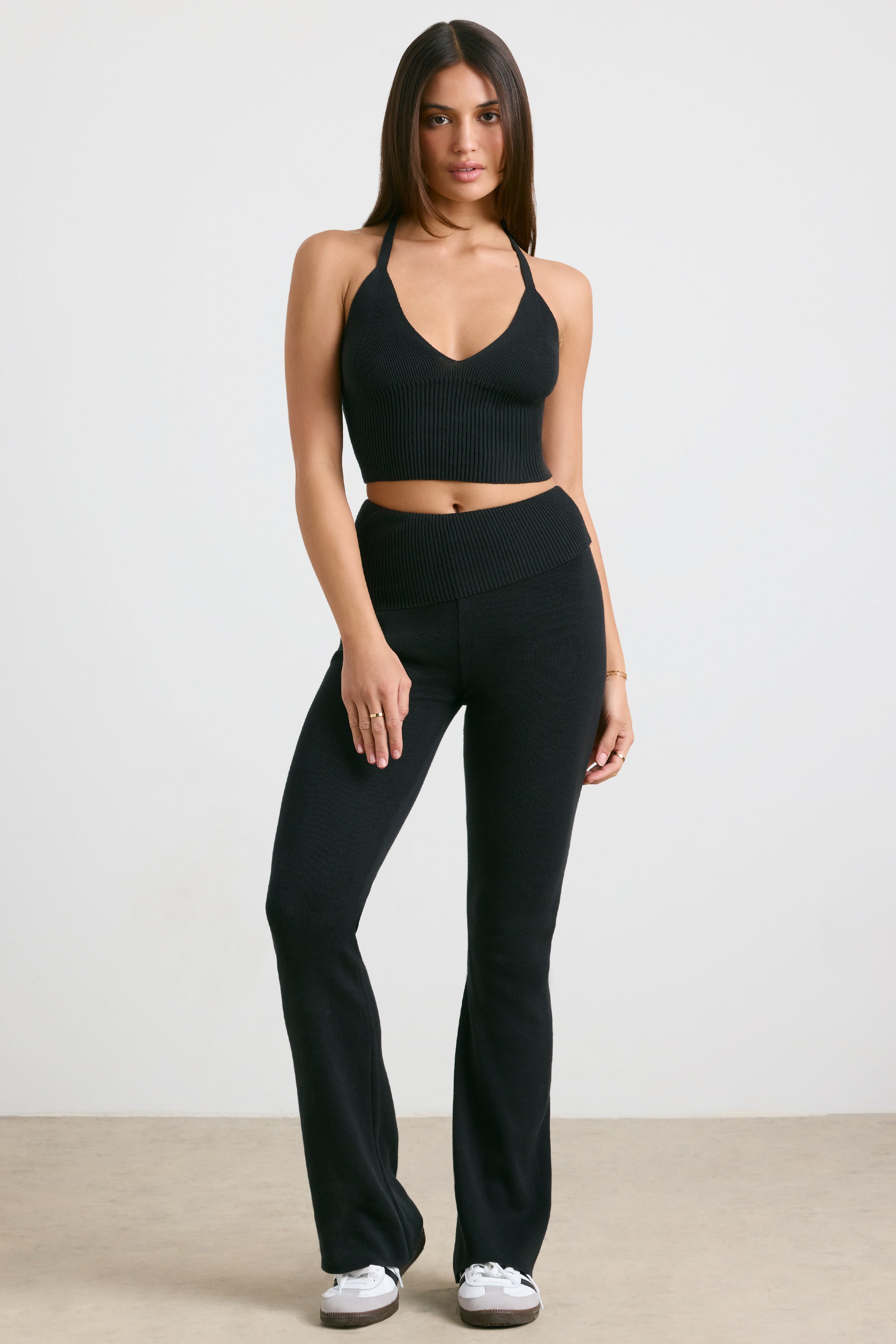 Fold Over Kick Flare Chunky Knit Trousers in Black