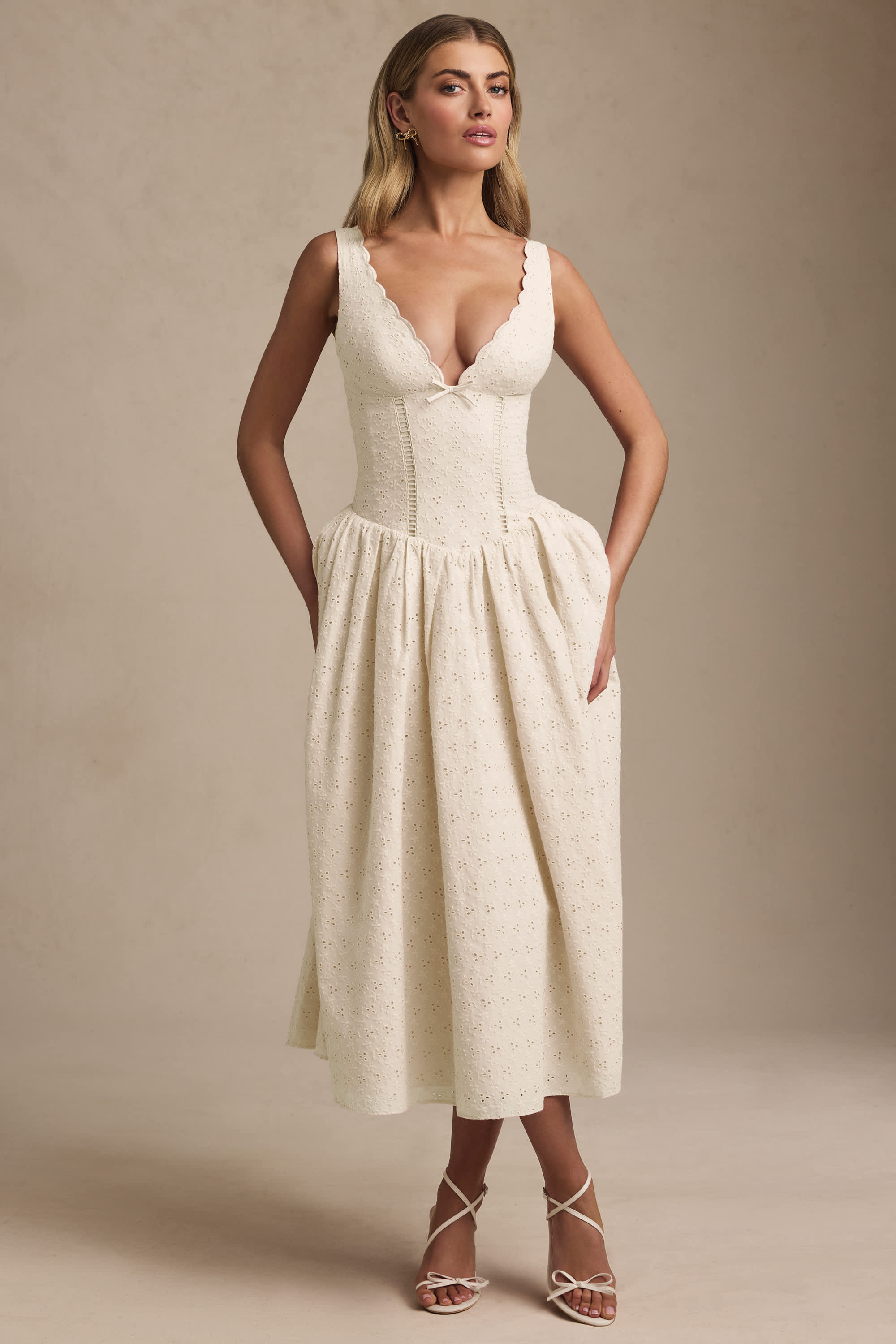 Saidey-Broderie Anglaise Bow-Detail A-Line Midaxi Dress in Ivory