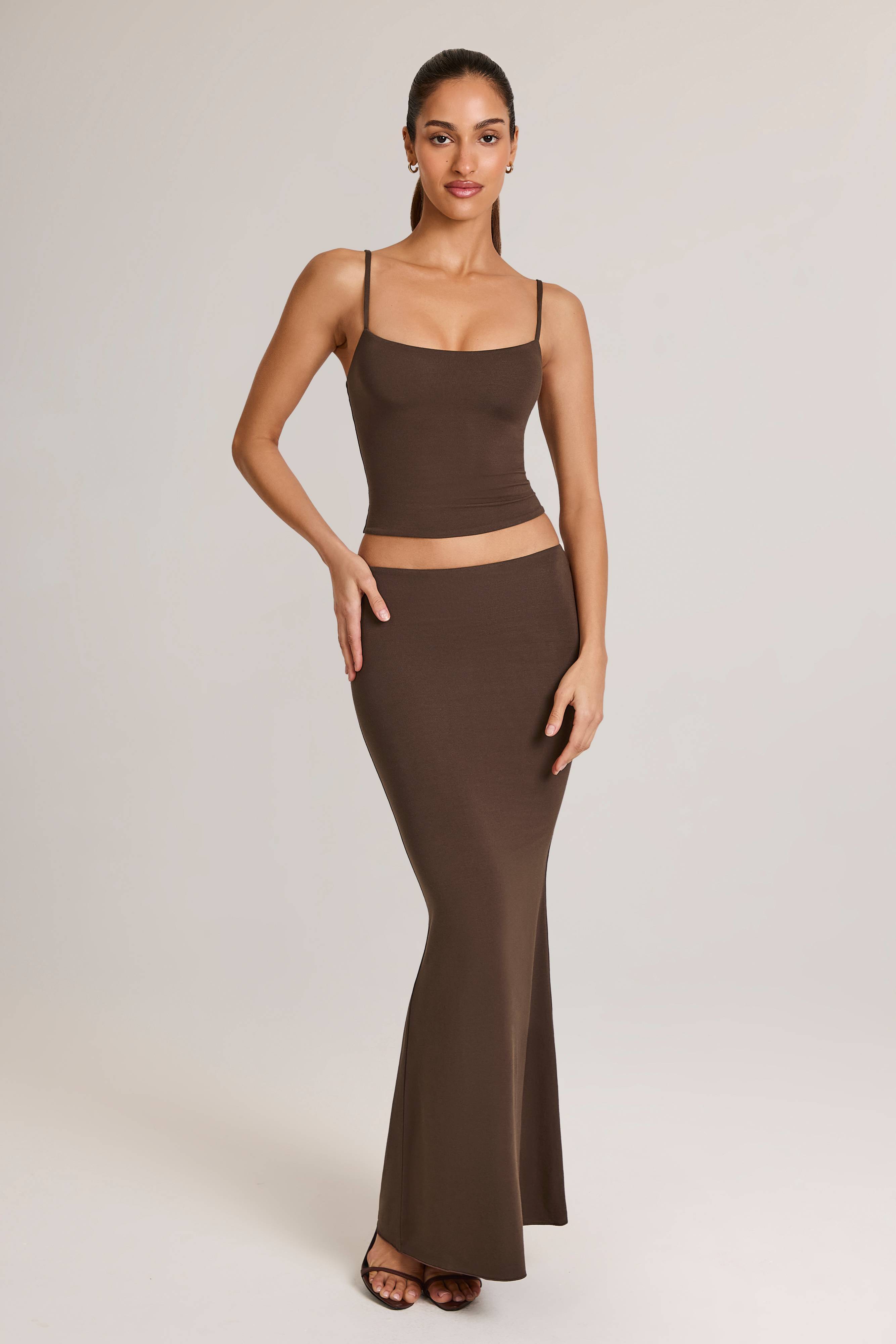 Avenley-Modal Mid-Rise Fishtail Maxi Skirt in Chocolate Brown