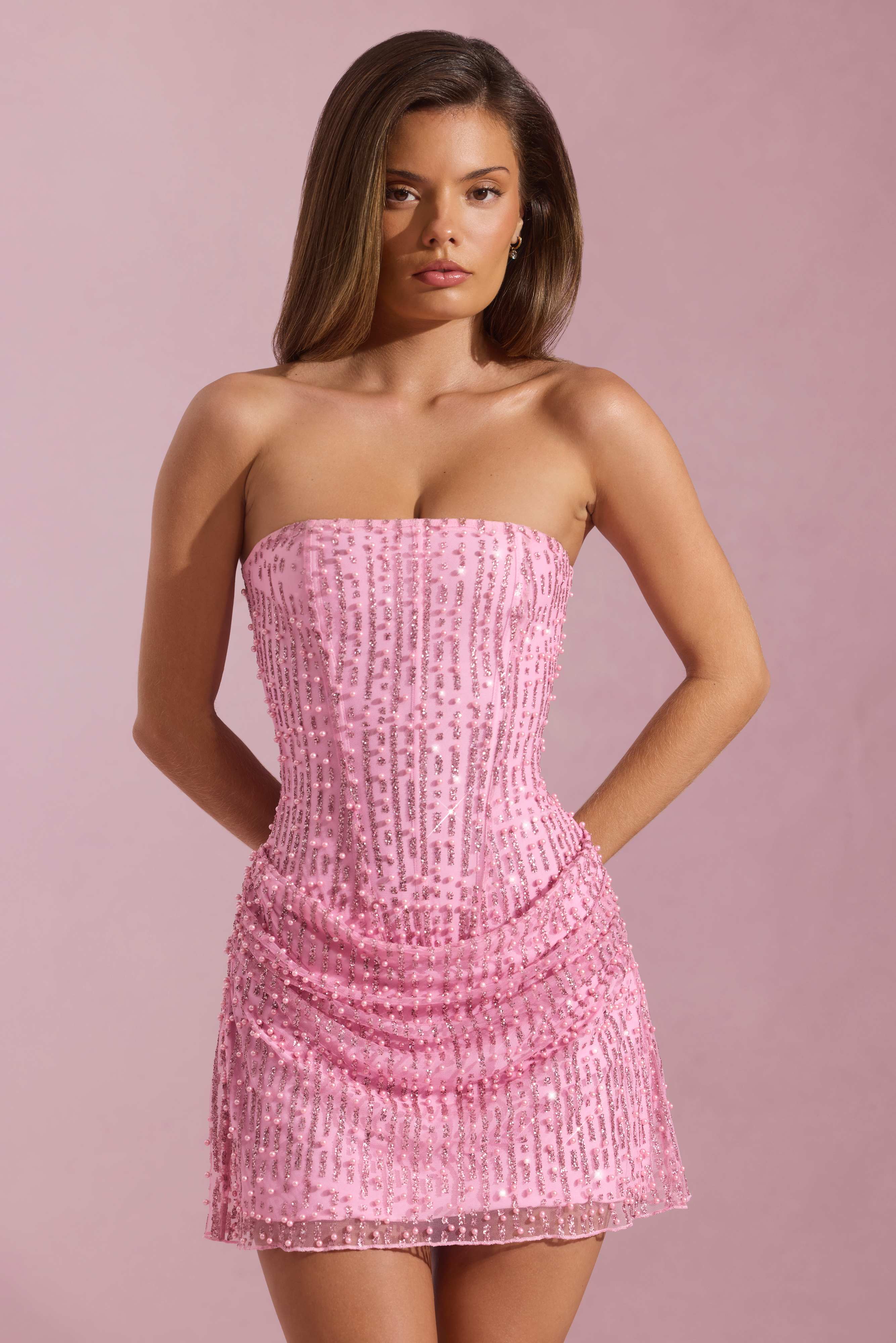 Ziya-Embellished Draped Strapless A-Line Mini Dress in Pink