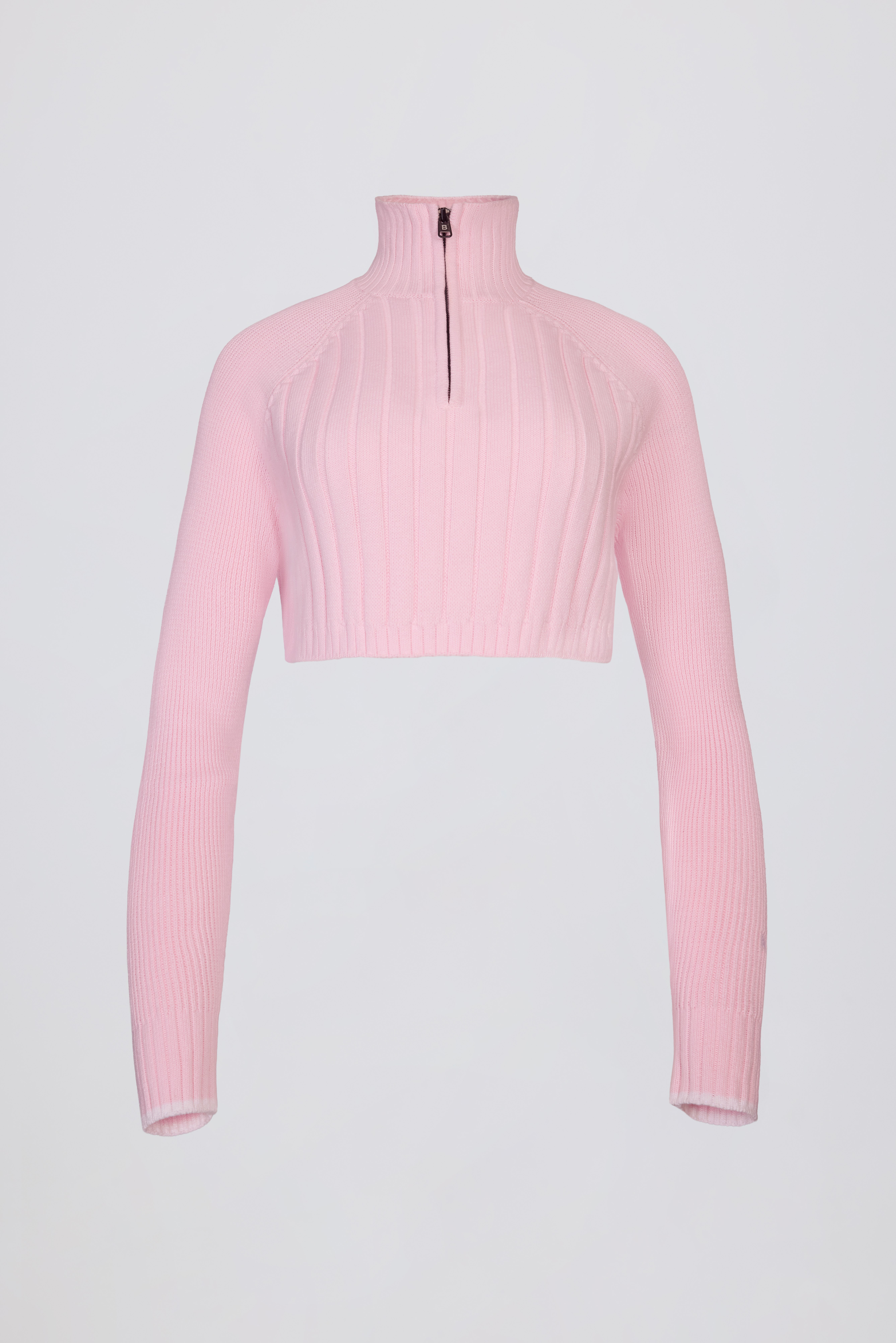 Ribbed-Knit Quarter-Zip Cropped Jumper in Powder Pink