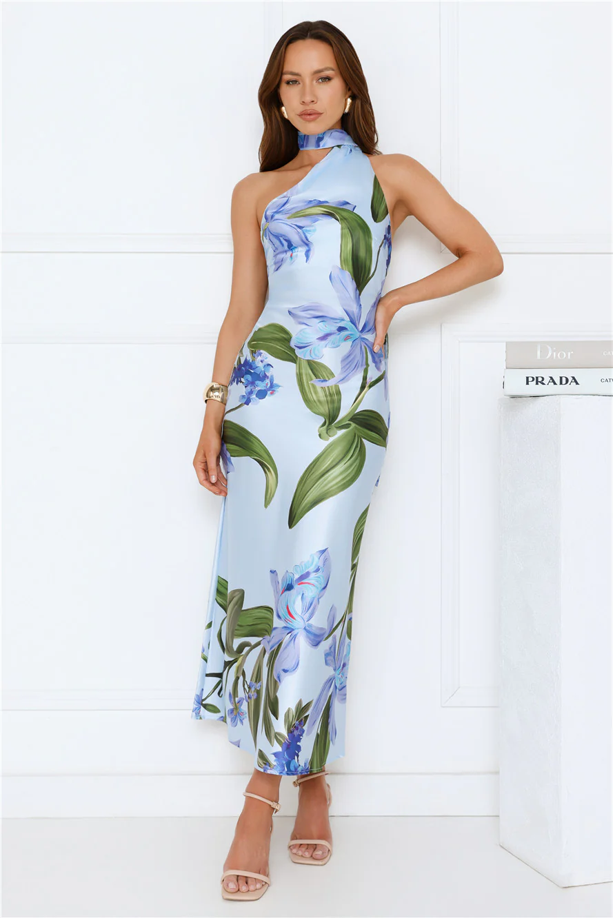Romance In Bloom Satin Maxi Dress Blue