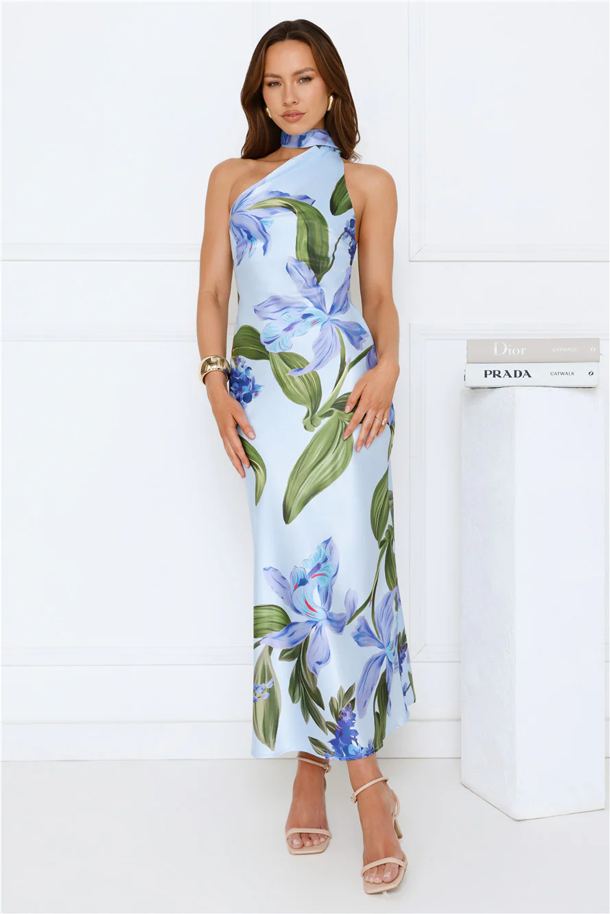 Romance In Bloom Satin Maxi Dress Blue