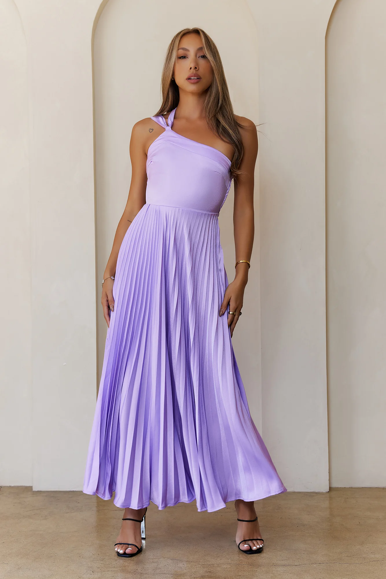 Rosé Reverie One Shoulder Satin Maxi Dress Lilac