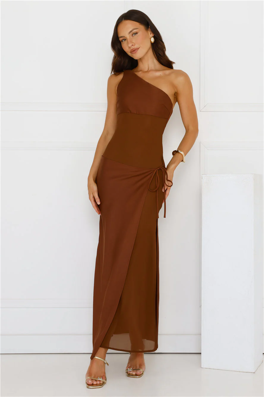 Satin Statement One Shoulder Maxi Dress Brown