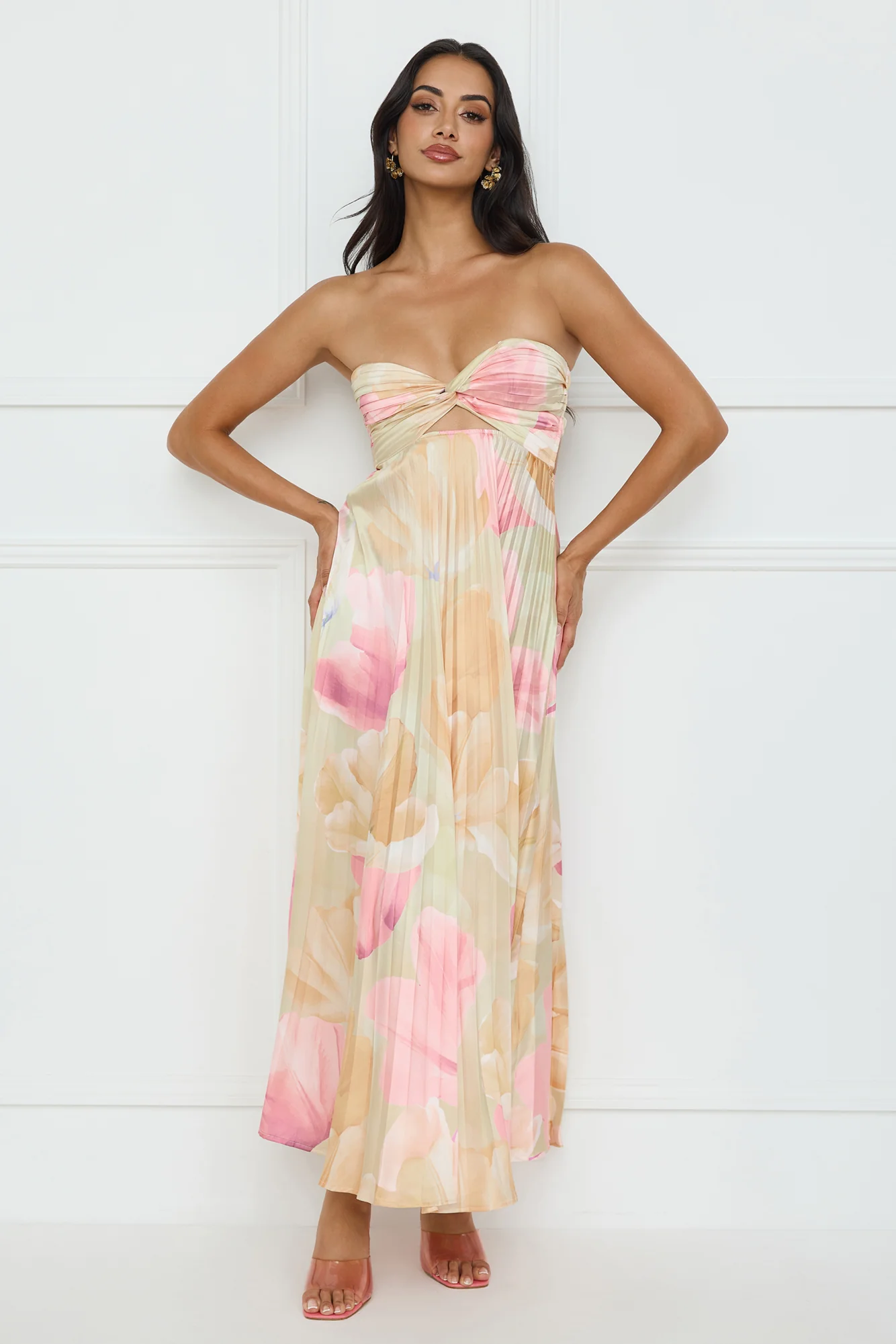 Sea Goddess Strapless Satin Maxi Dress Print