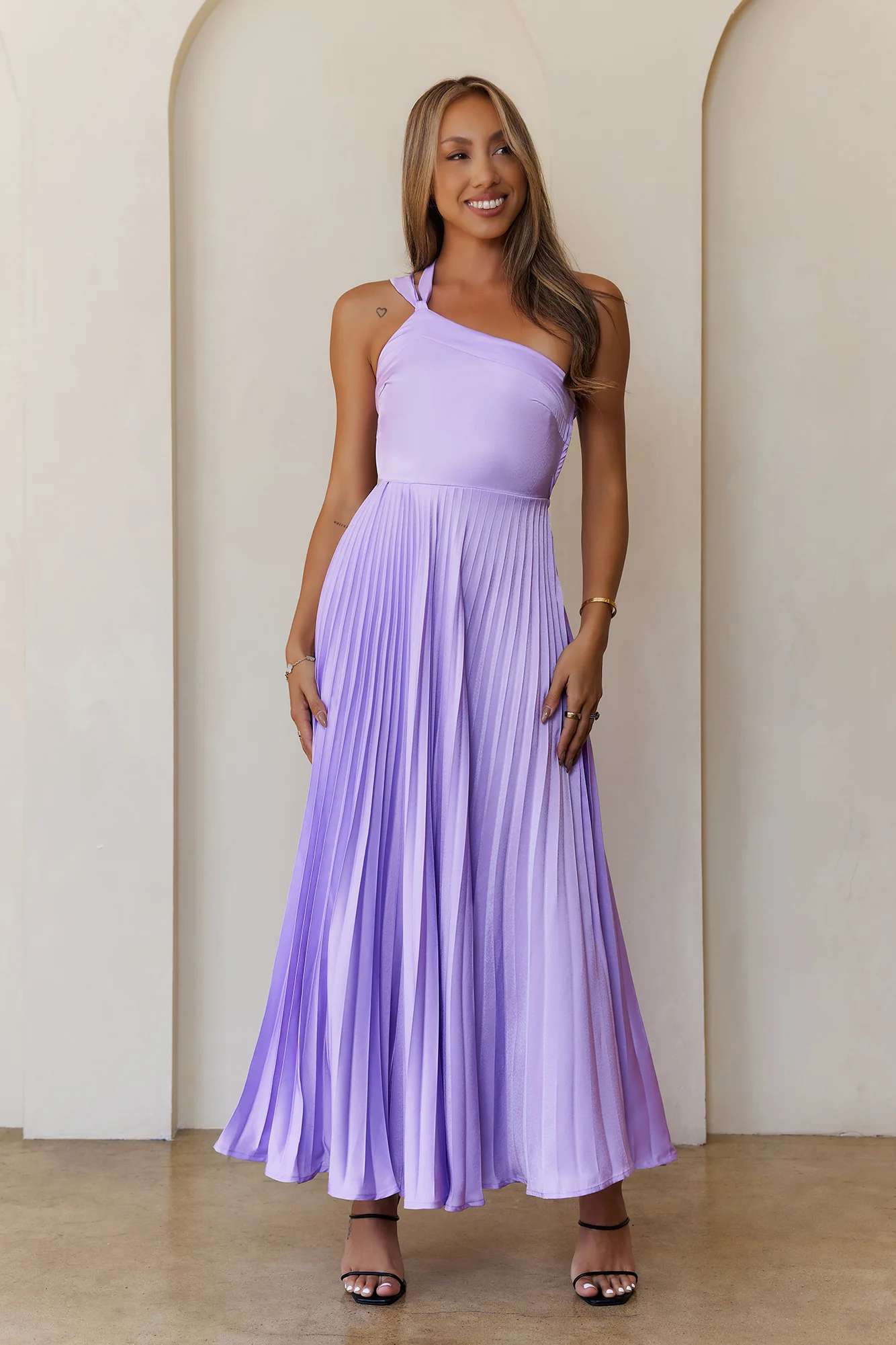Rosé Reverie One Shoulder Satin Maxi Dress Lilac