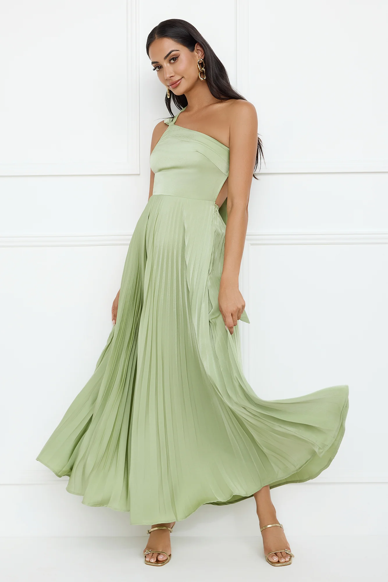Rosé Reverie One Shoulder Satin Maxi Dress Sage