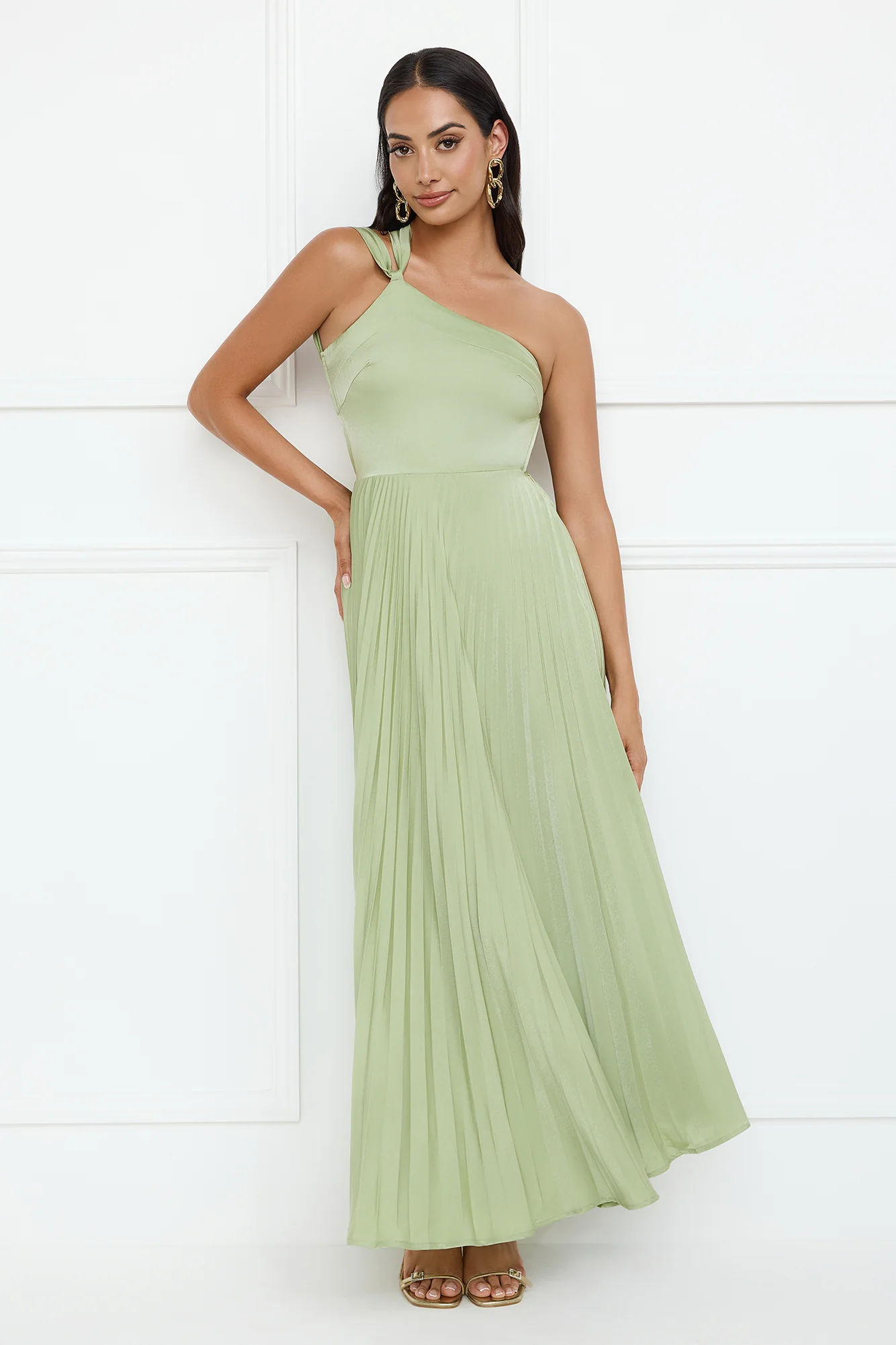 Rosé Reverie One Shoulder Satin Maxi Dress Sage