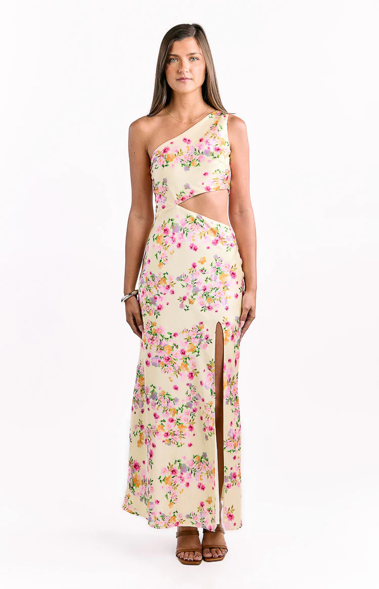 Mellick Yellow Bloom Satin Maxi Dress