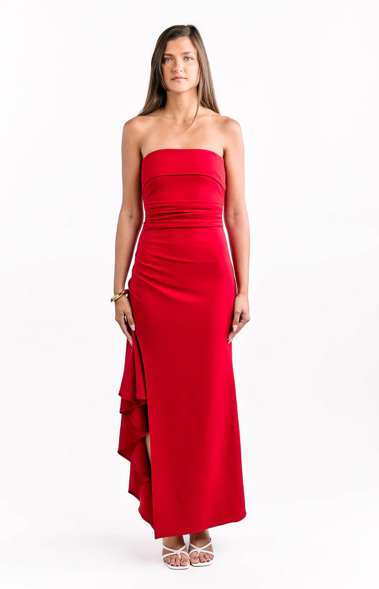 Merlo Red Crepe Strapless Formal Maxi Dress