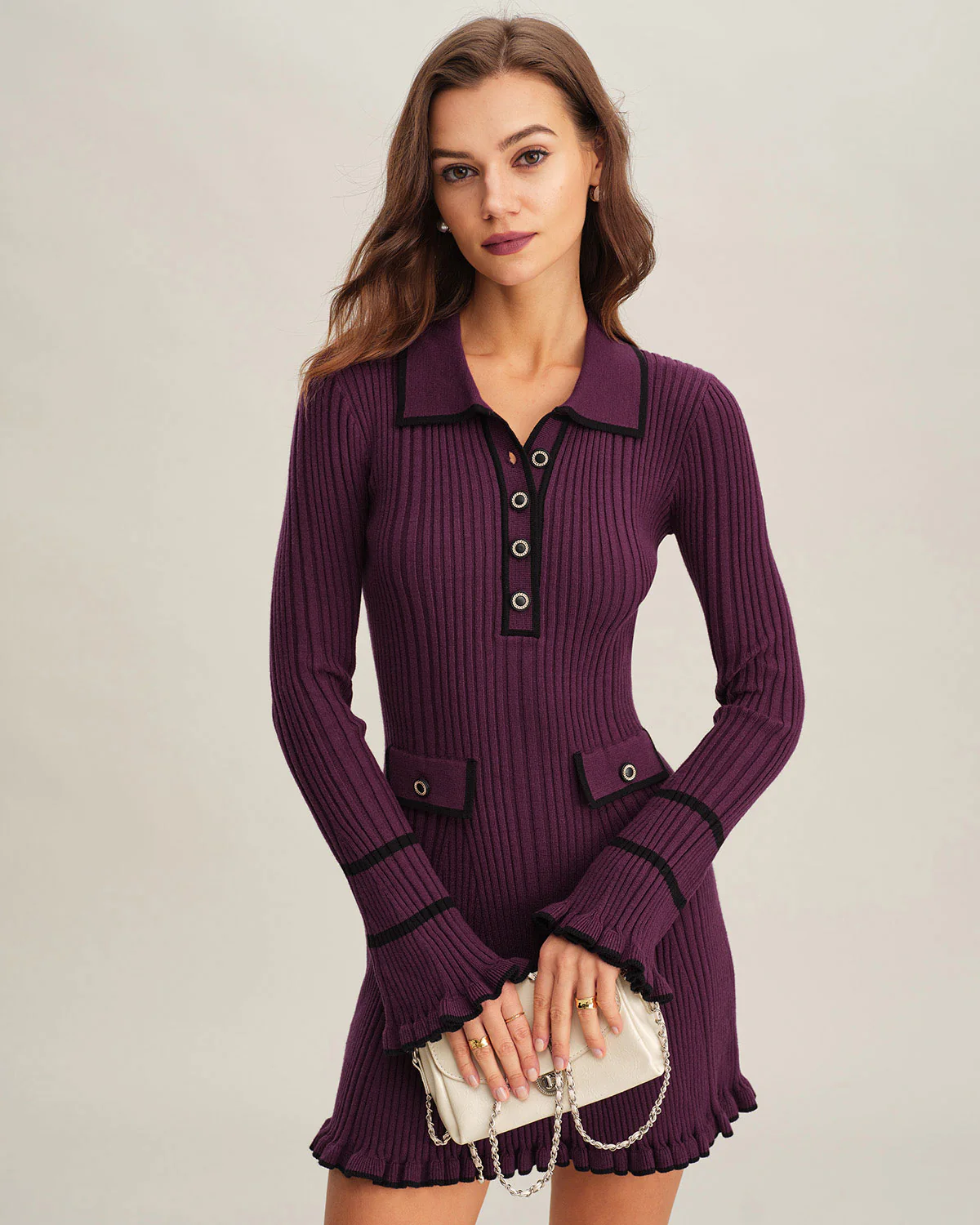 Purple  Contrasting Bell Sleeve Sweater Dress