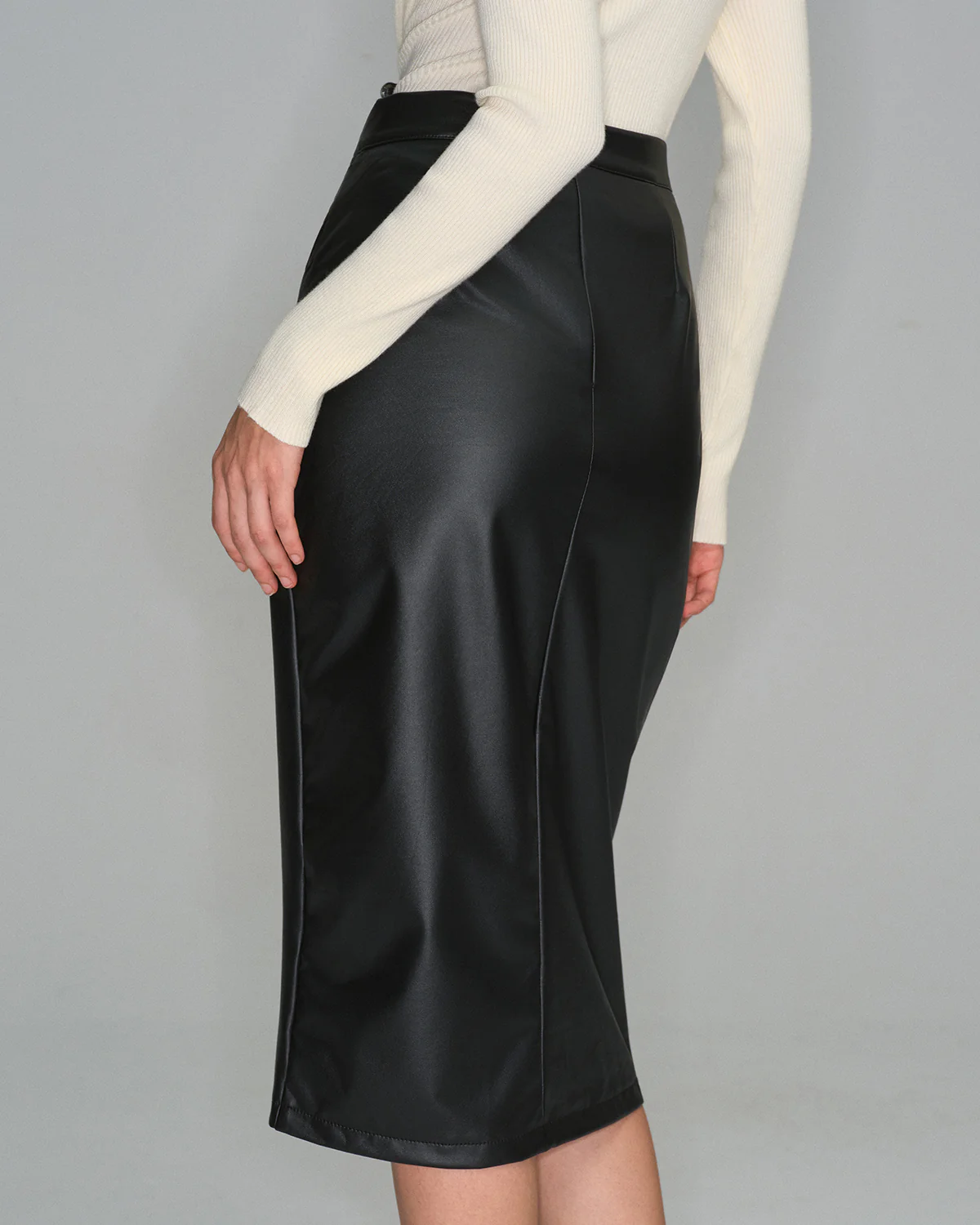 Black Straight Leather Midi Skirt