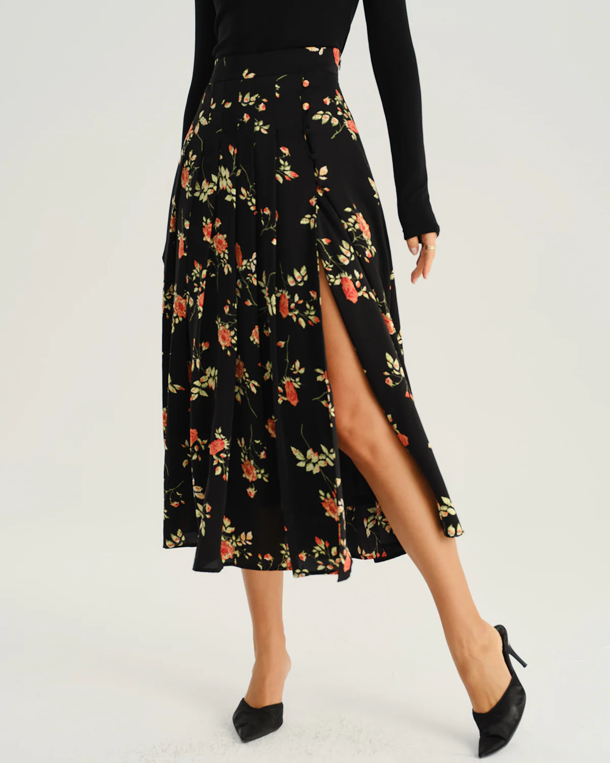 Black Floral A-Line Midi Skirt
