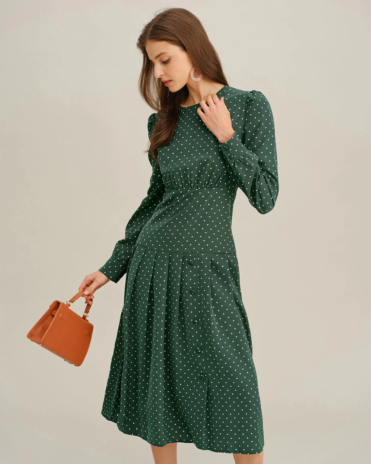 Green Polka Dot A-Line Midi Dress