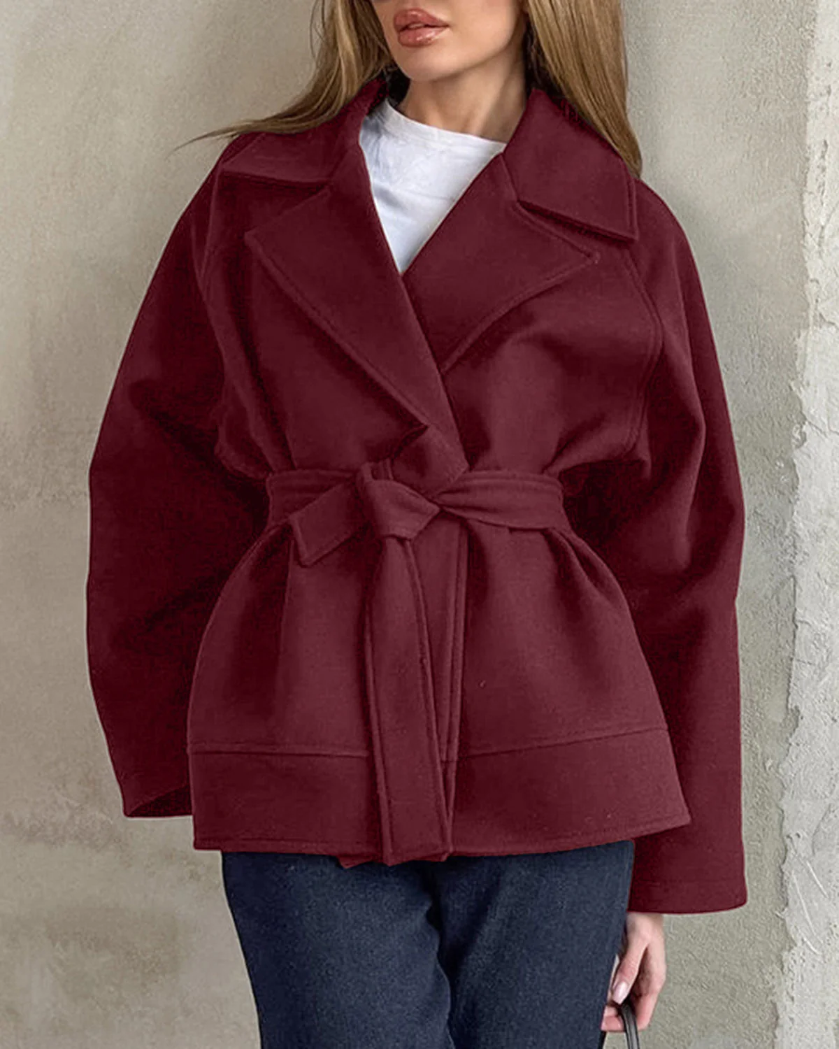 Wine Red Tie Waist Trench Coat