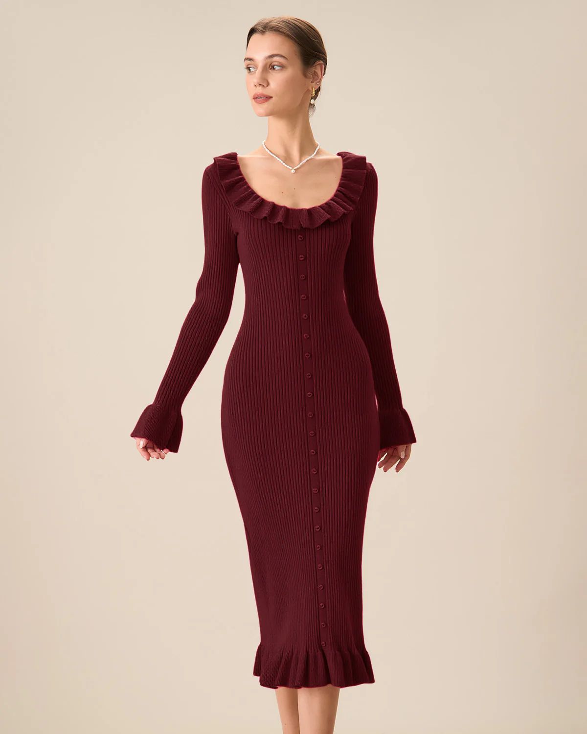 Wine Red Bodycon Bell Sleeve Sweater Dress