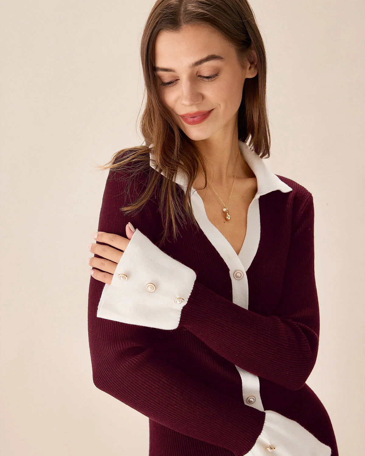 Wine Red Contrasting Sweater Dress