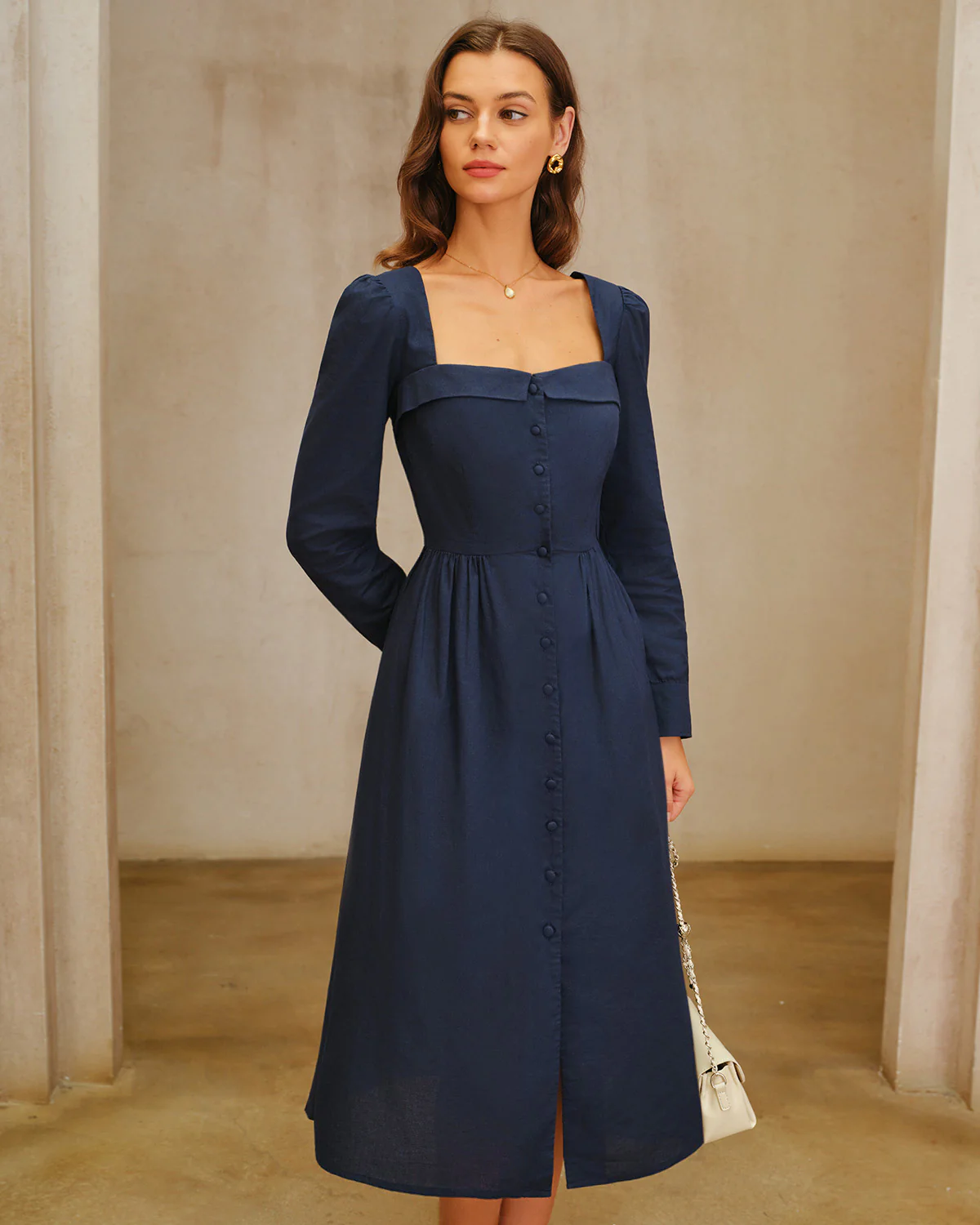 Navy Square Neck A-Line Midi Dress