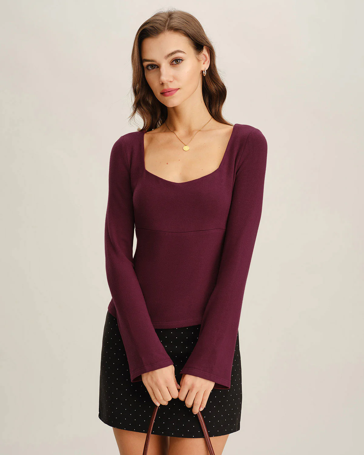 WIne Red V Neck Bell Sleeve Knit Tee