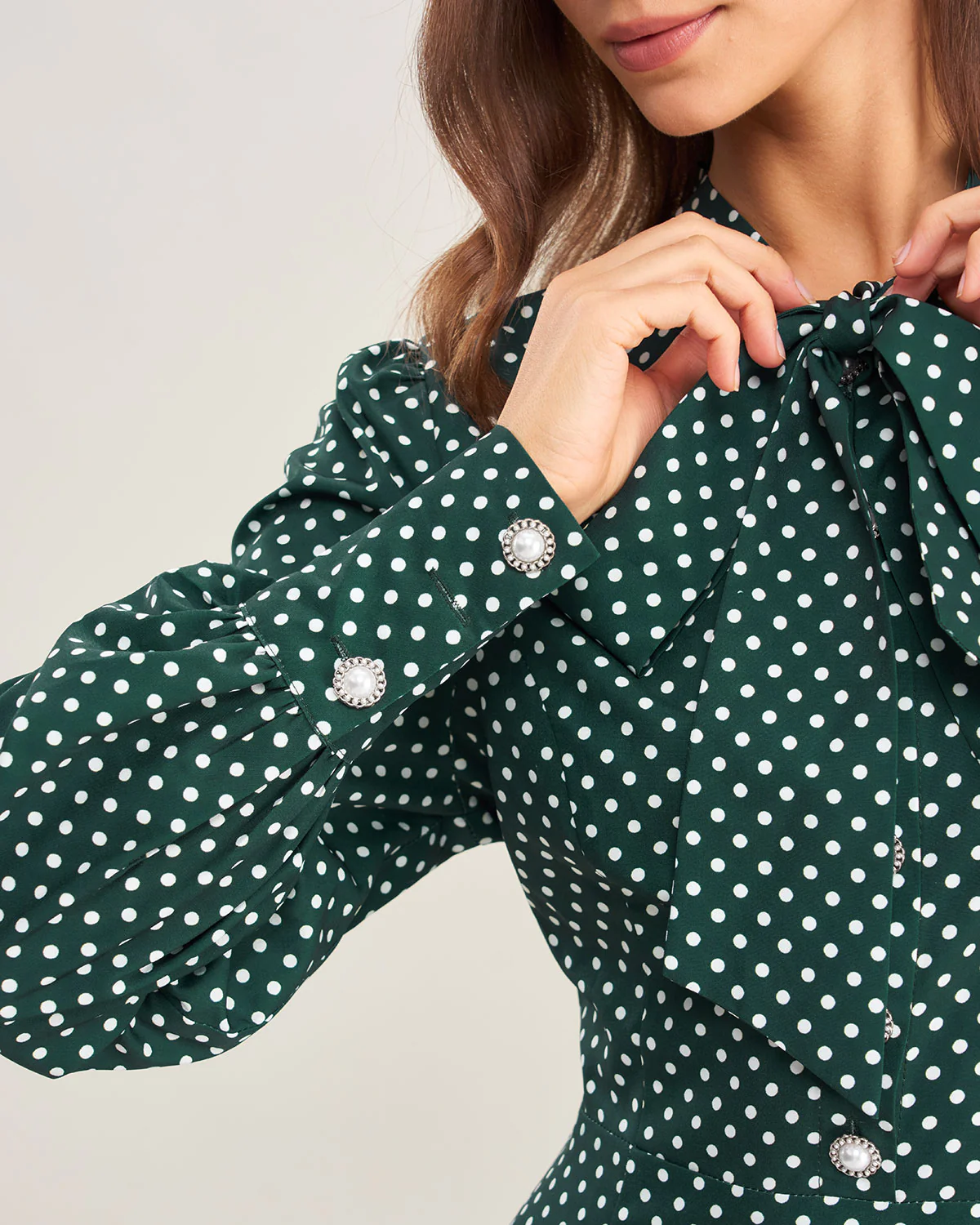 Green Polka Dot Tie Neck Midi Dress
