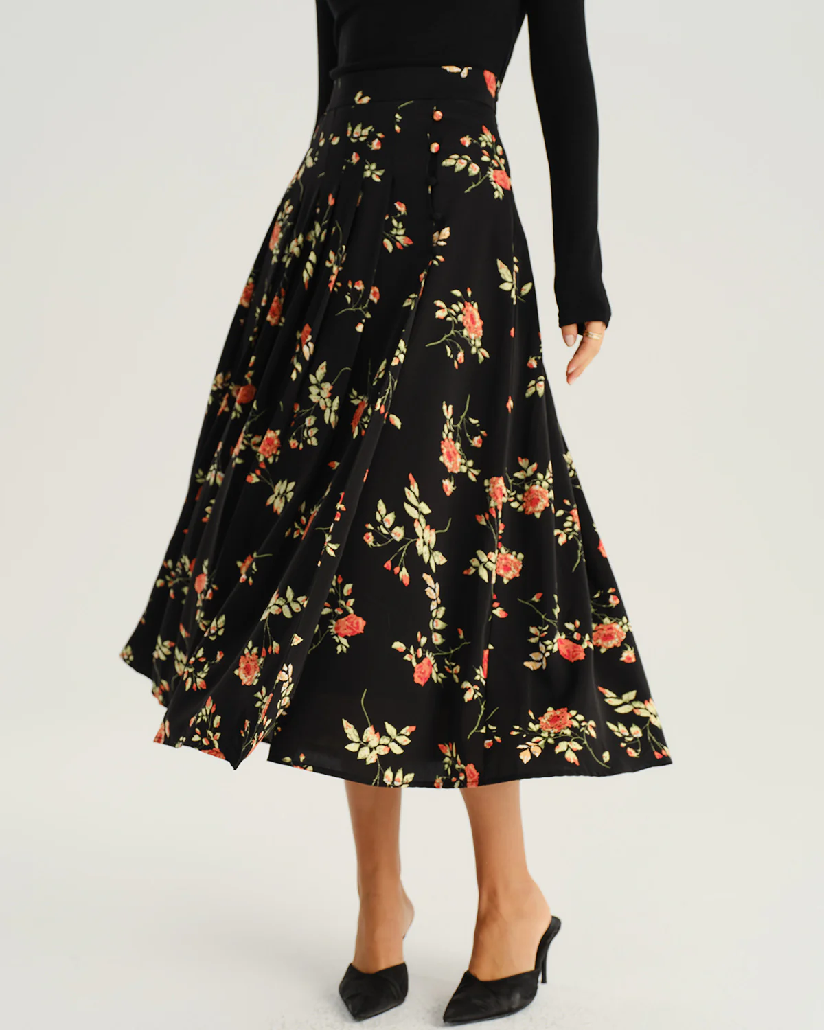 Black Floral A-Line Midi Skirt