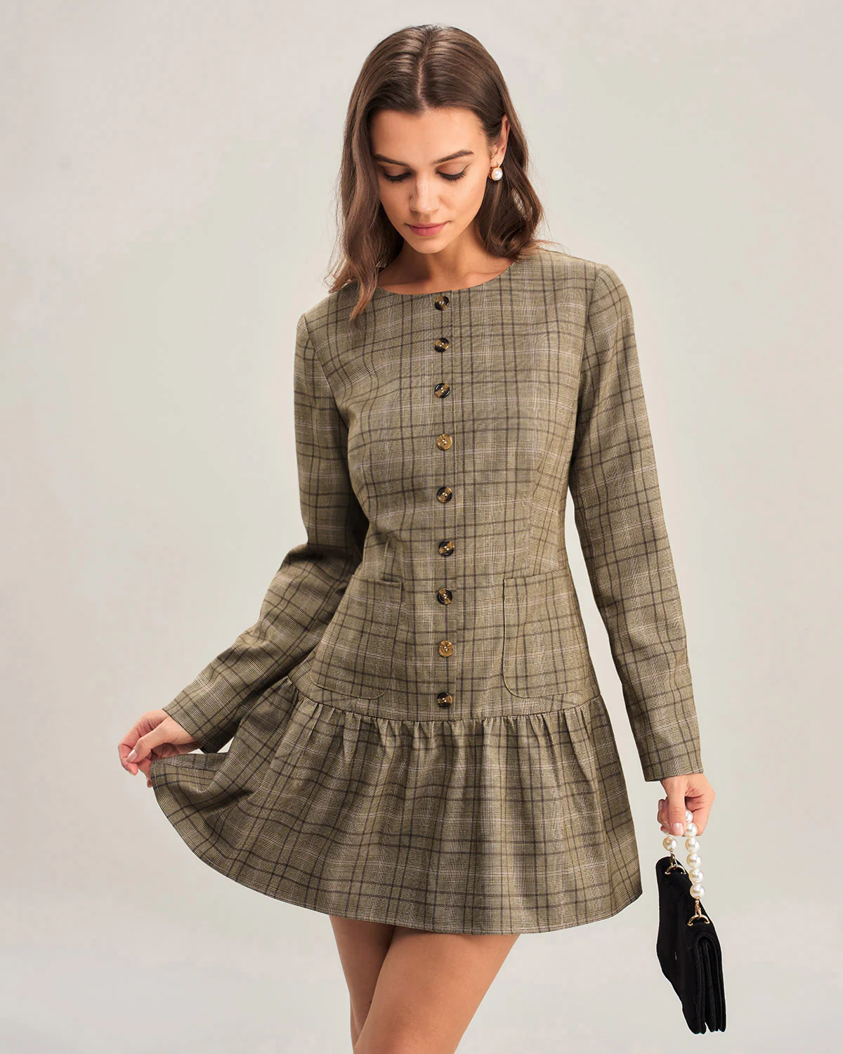 Khaki Plaid A-Line Pleated Mini Dress