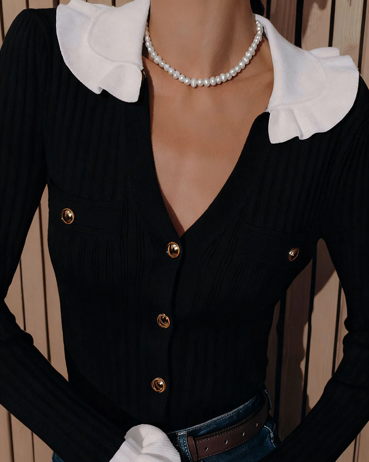 Black Contrasting Button Knit Cardigan