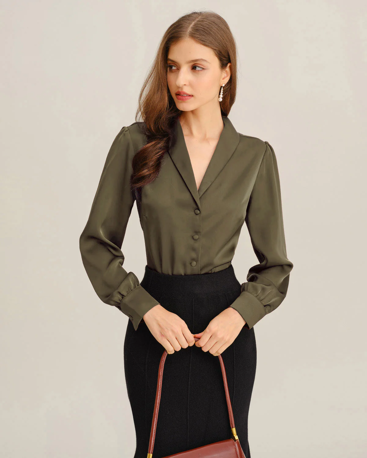 Green Satin V-Neck Shirt