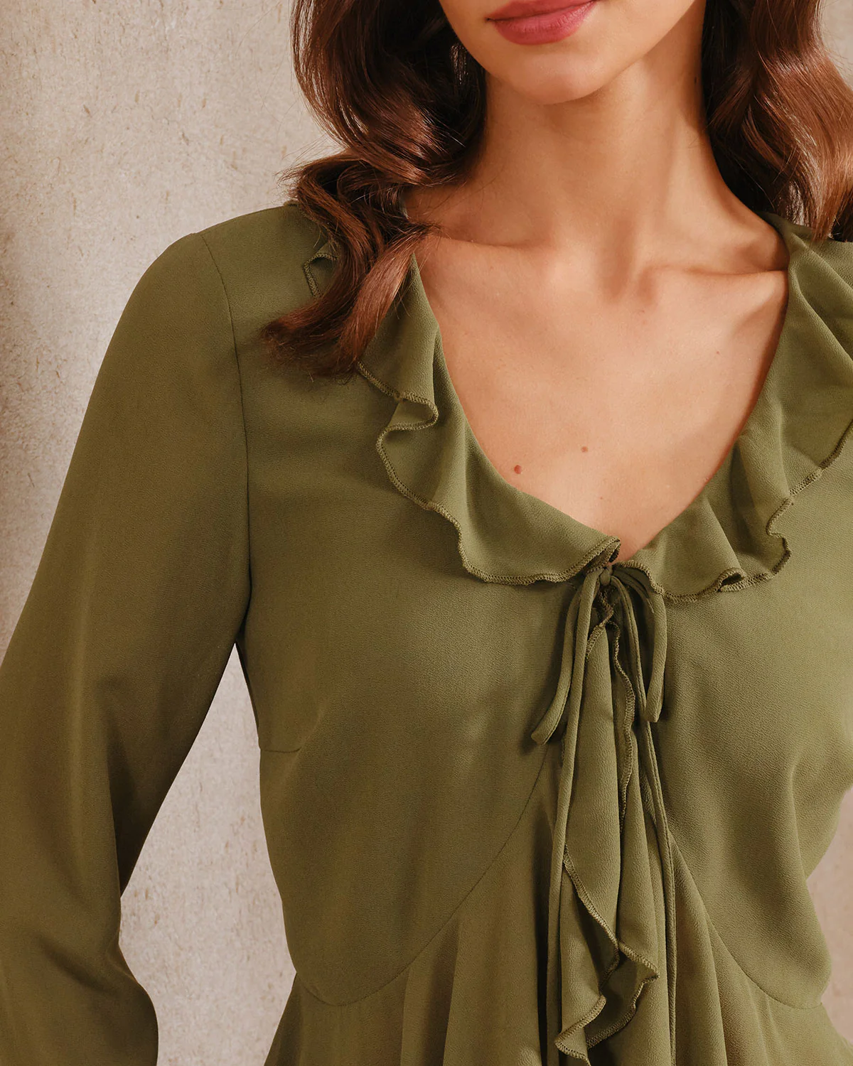 Green Chiffon Ruffle Bell Sleeve Blouse