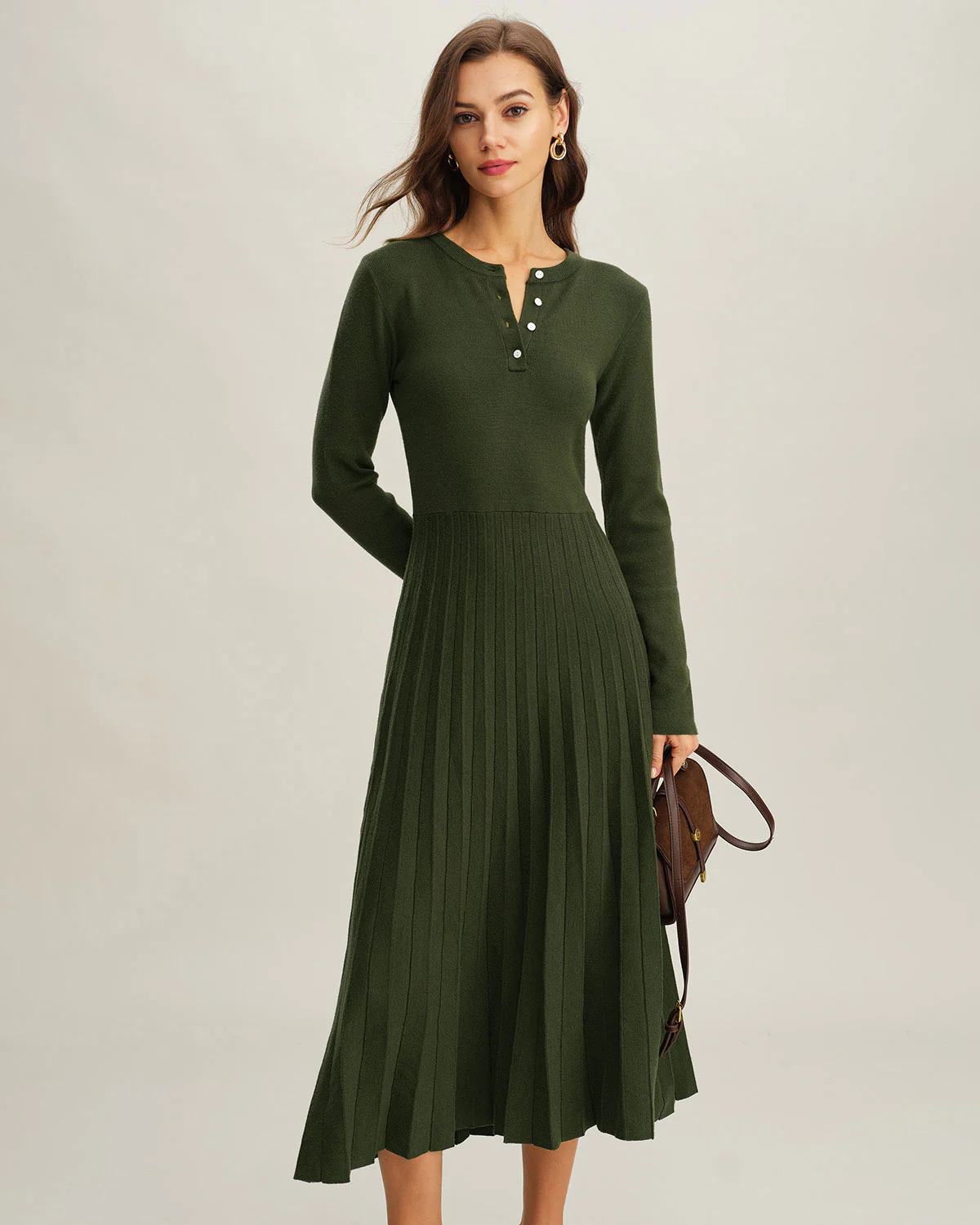Green Round Neck Pleated Sweater Dress