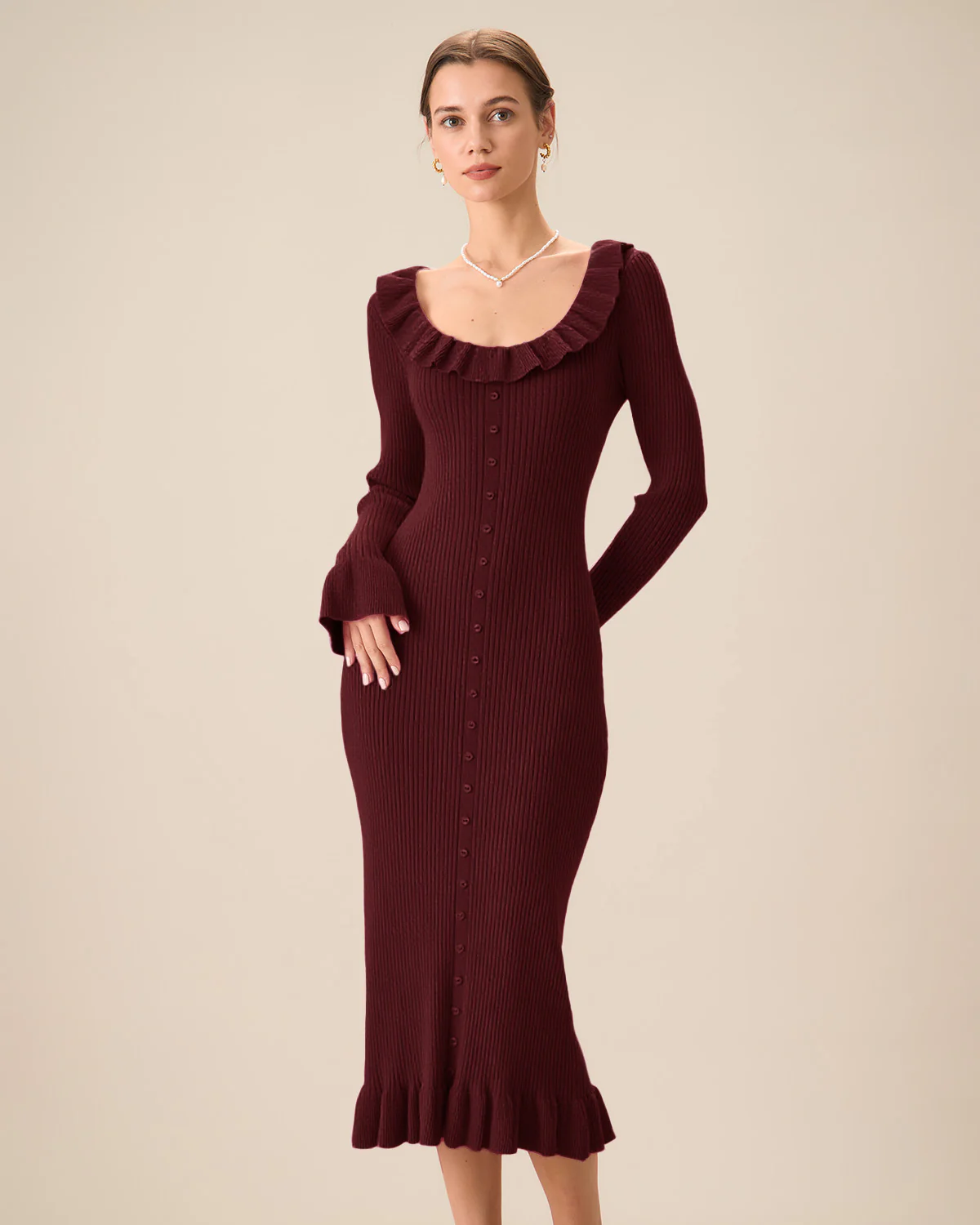 Wine Red Bodycon Bell Sleeve Sweater Dress