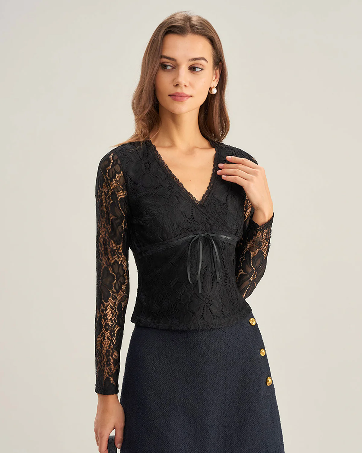 Black V Neck Slim Lace Tee