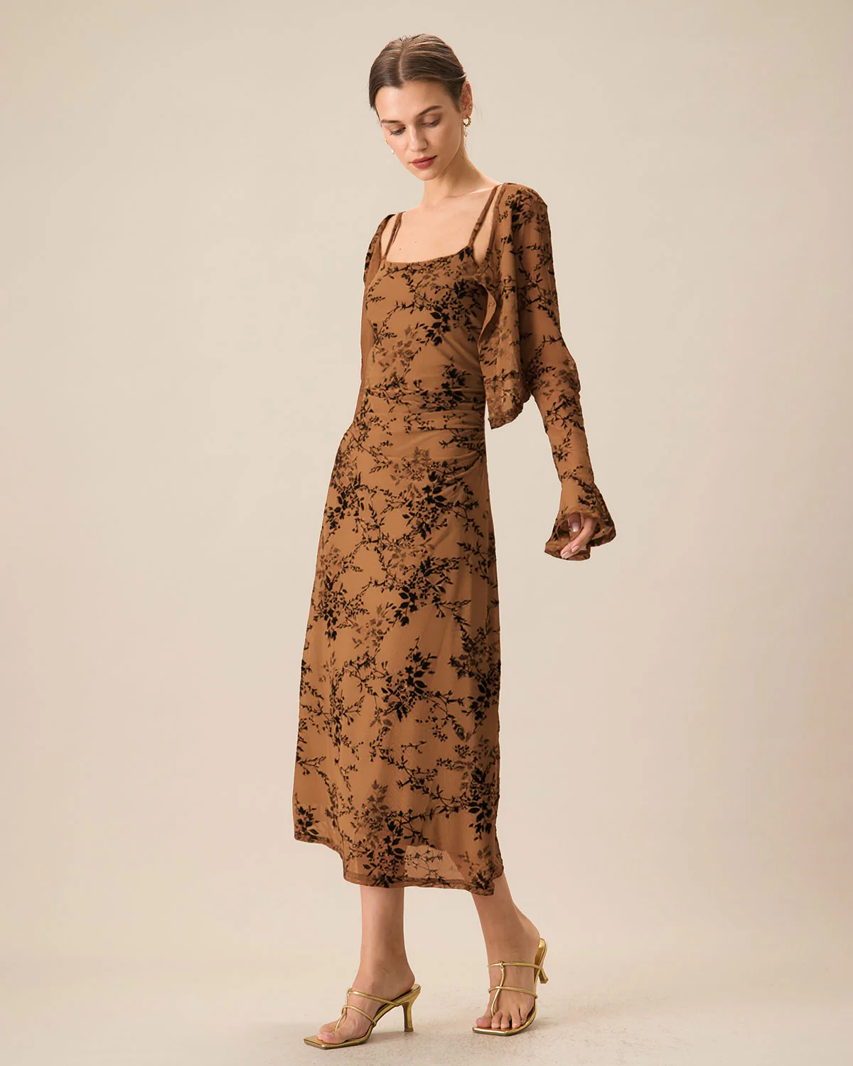 Brown Floral Two-piece Midi Dress