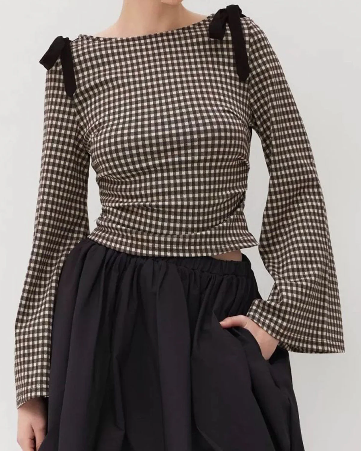 Coffee Plaid Bell Sleeve Tee