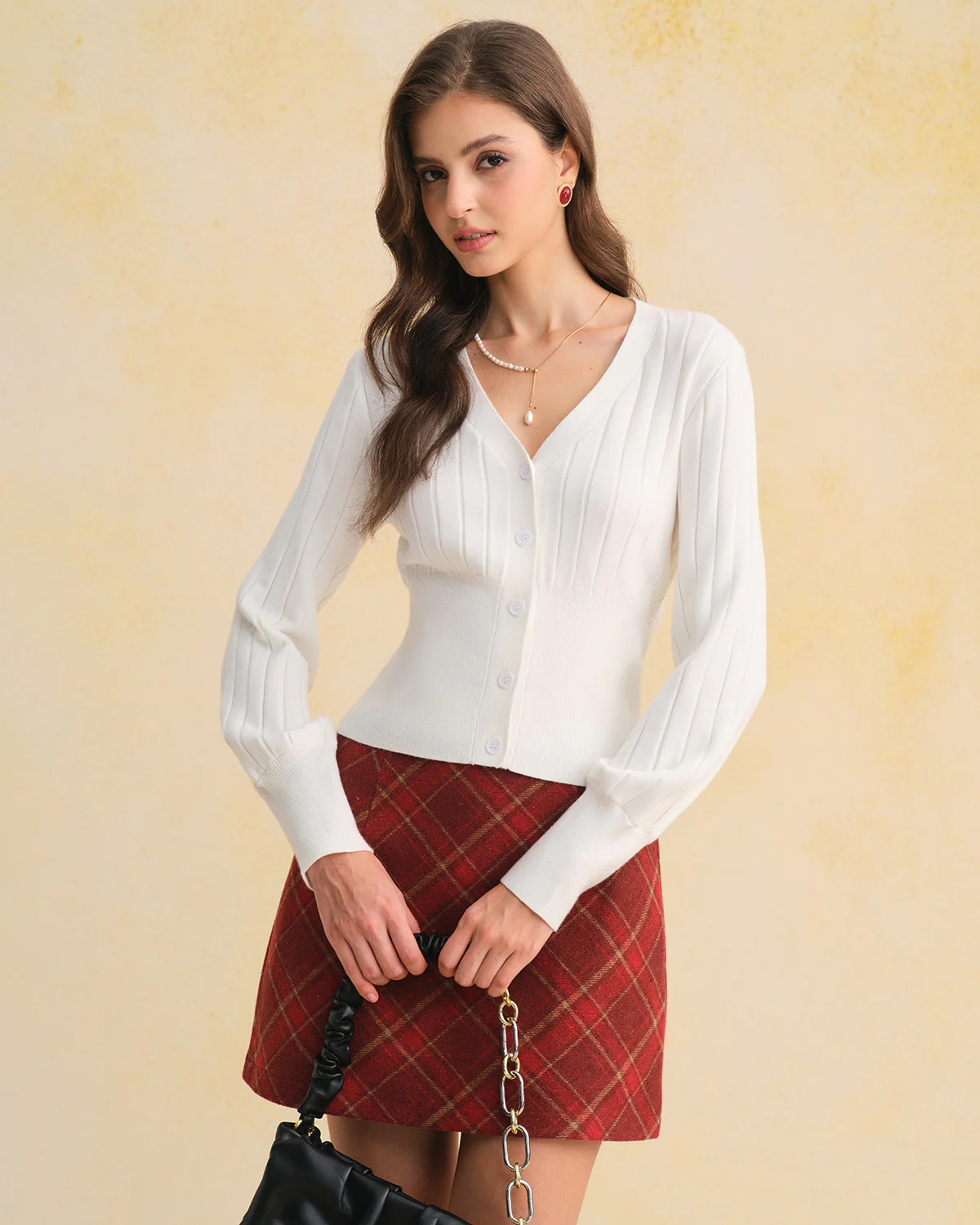 White V Neck Slim Knit Cardigan