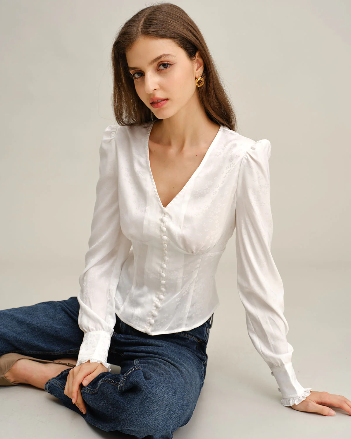 White Ruched V Neck Shirt