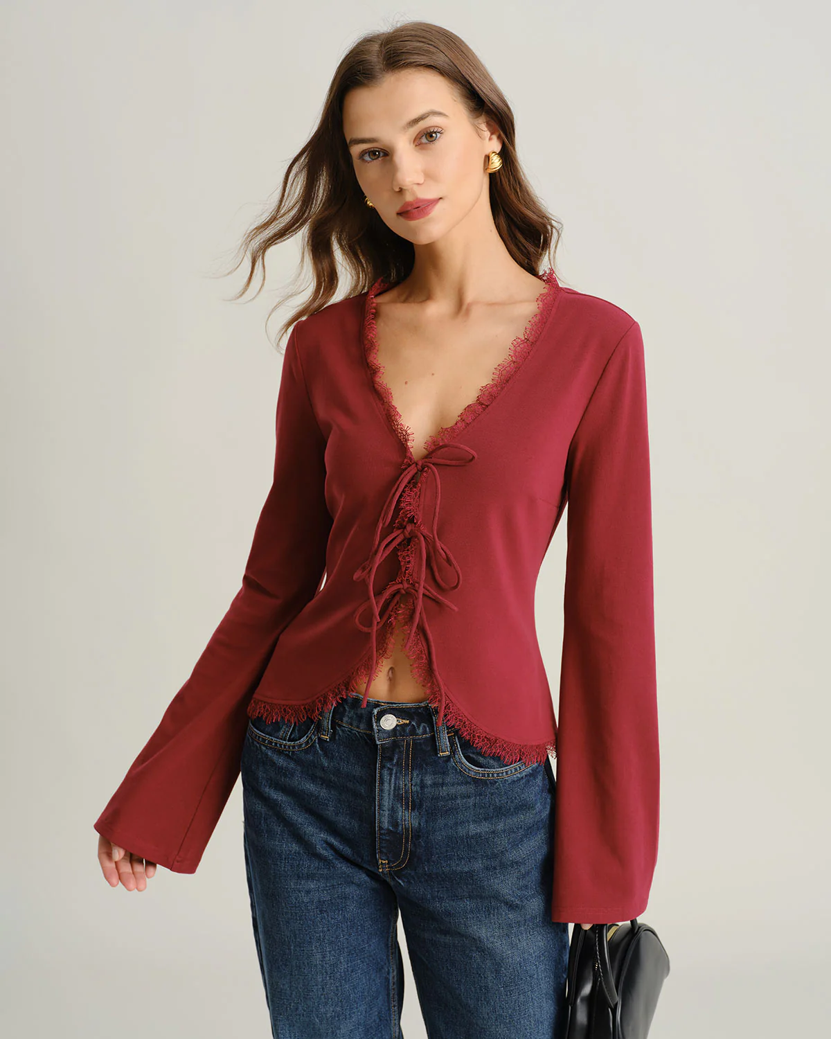 Red V Neck Tie-front Cardigan