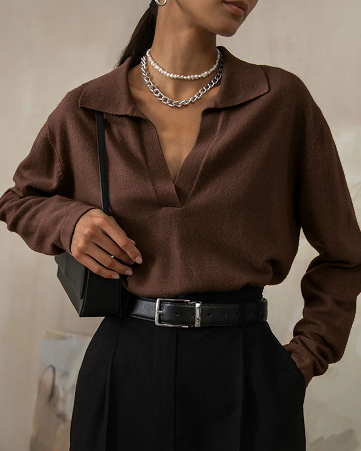 Brown Collared Knit Tee