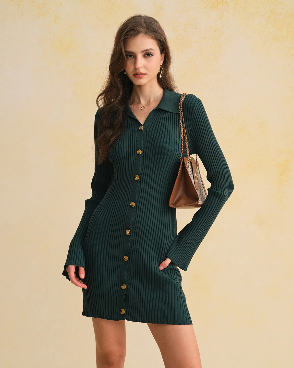 Green A-Line Button Sweater Dress