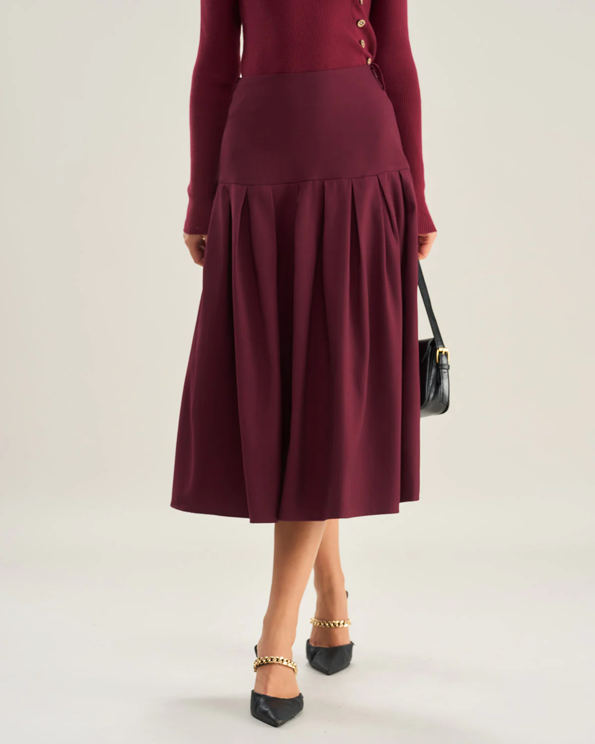 Wine Red Natural Waisted Pleated Midi Skirt