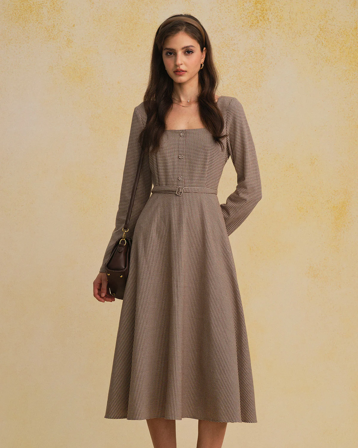 Brown Plaid Square Neck Belted Maxi Dress