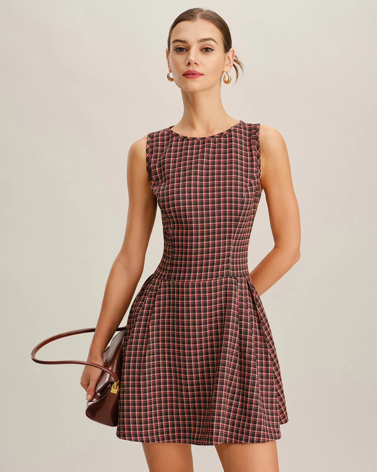 Red Plaid Boat Neck Sleeveless Mini Dress