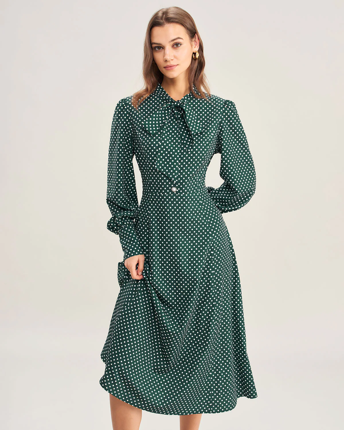 Green Polka Dot Tie Neck Midi Dress